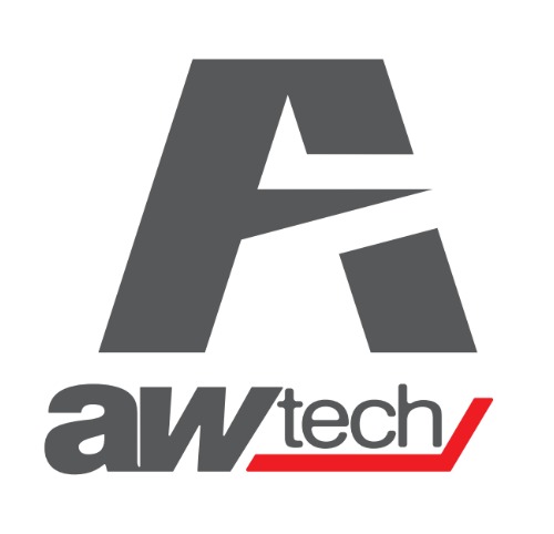 Szare logo firmy 'awtech' z dużą literą A przeciętą białymi liniami i czerwoną poziomą linią pod nazwą firmy.