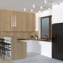 Wizualizacja nowoczesnej kuchni z drewnianymi frontami szafek, białymi ścianami i czarnymi hokerami przy półwyspie, oświetlona cylindrycznymi lampami sufitowymi i wiszącymi lampami stożkowymi...