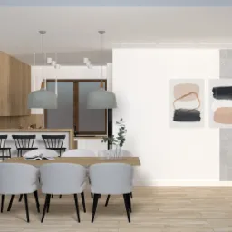 Wizualizacja wnętrza: jadalnia z drewnianym stołem i szarymi krzesłami, otwarta na kuchnię z czarnymi hokerami, minimalistyczne obrazy na ścianie oraz nowoczesny kominek obłożony betonem...
