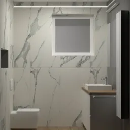 Wizualizacja nowoczesnej łazienki z marmurowymi płytkami, podwieszaną toaletą, umywalką na drewnianym blacie i oświetleniem LED.