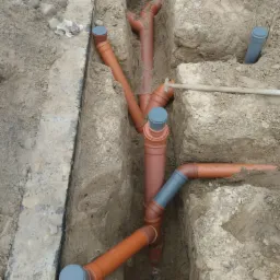 Pomarańczowe rury kanalizacyjne z szarymi złączkami ułożone w wykopie ziemnym, widok z góry. Część rur zakryta ziemią. Na krawędzi wykopu fragment betonowej konstrukcji.