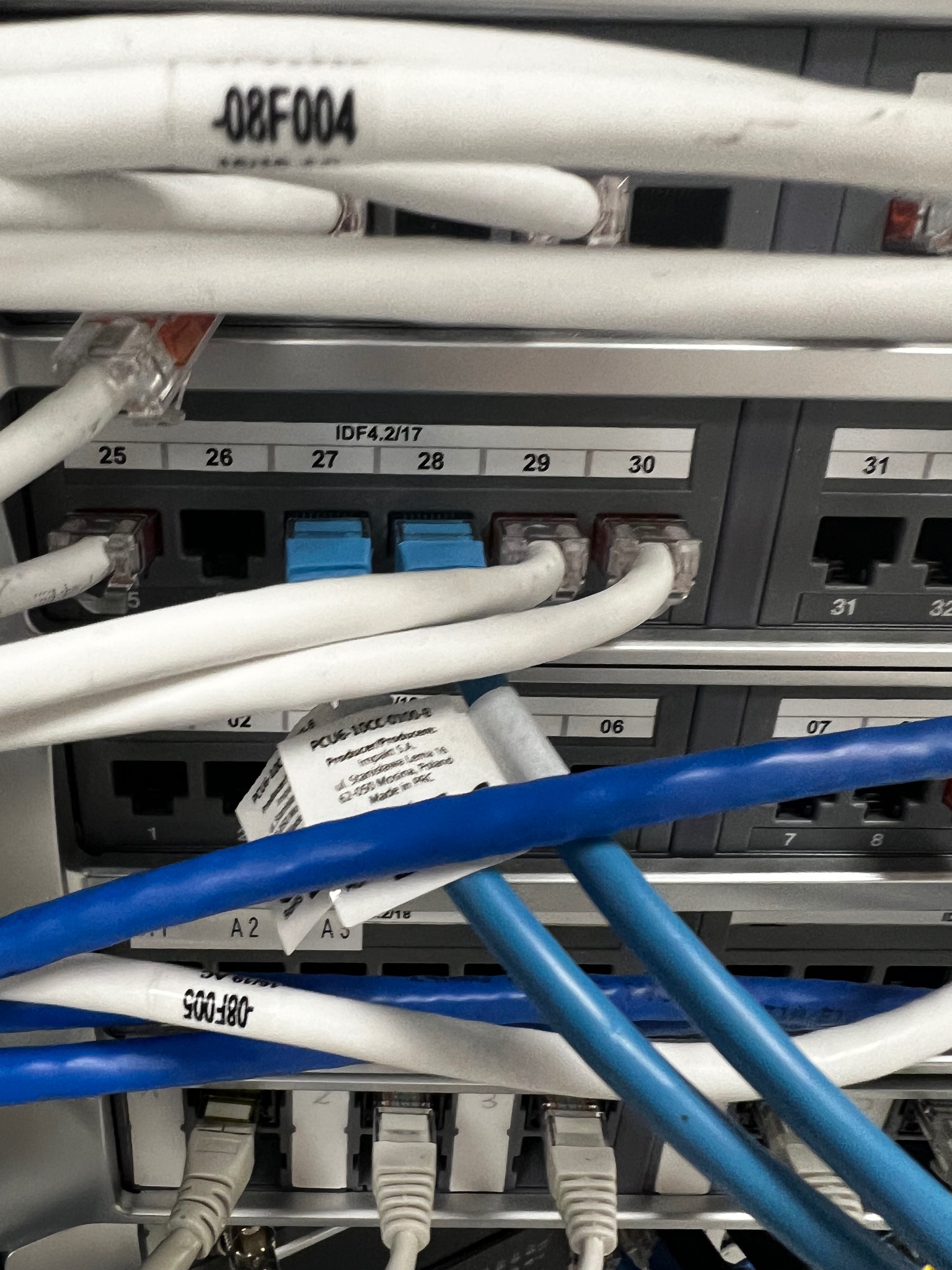 Panel krosowniczy z podłączonymi kablami sieciowymi w kolorach białym i niebieskim. Widoczne oznaczenia portów i kabli. Detal infrastruktury IT.