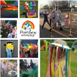 Kolaż zdjęć z imprez dla dzieci: dmuchany tunel, balony w kształcie rąk, zebra grająca w limbo, klaun z dziećmi, logo firmy animacyjnej, minionek w kostiumie, dzieci puszczające bańki, czarownica...