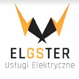 Logo firmy ELGSTER Usługi Elektryczne z symbolem błyskawic w kolorze czarno-pomarańczowym na białym tle.