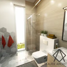 Wizualizacja nowoczesnej łazienki z heksagonalnymi płytkami na ścianach i podłodze, kabiną prysznicową typu walk-in, toaletą z zabudowaną spłuczką, umywalką z szafką z jasnego drewna i dwoma...