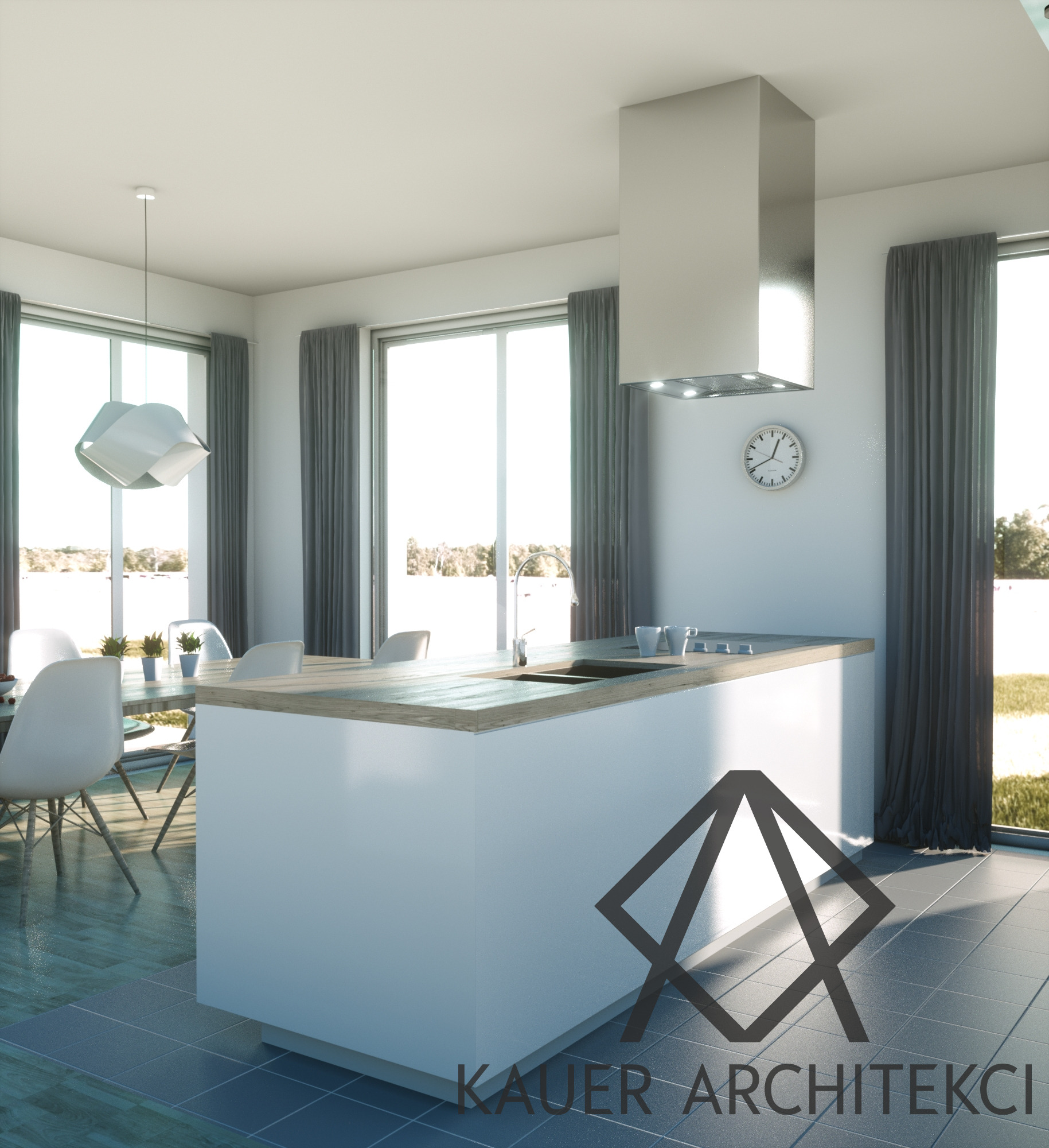 Wizualizacja jasnej kuchni z wyspą, minimalistycznym okapem i widokiem na zewnątrz przez duże okna z szarymi zasłonami. Na wyspie widoczny zlew i bateria, a na ścianie zegar. W tle stół jadalny...