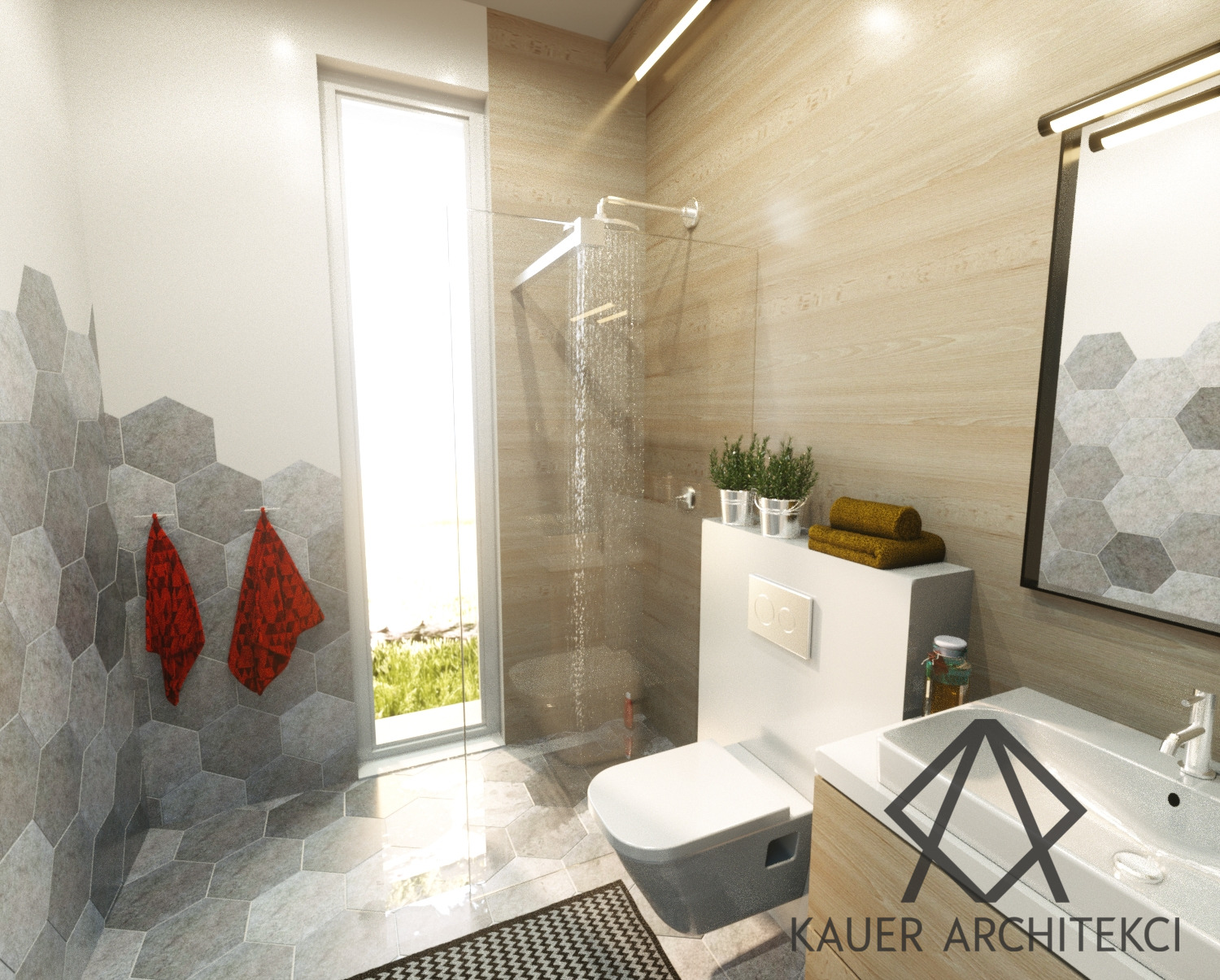 Wizualizacja nowoczesnej łazienki z heksagonalnymi płytkami na ścianach i podłodze, kabiną prysznicową typu walk-in, toaletą z zabudowaną spłuczką, umywalką z szafką z jasnego drewna i dwoma...