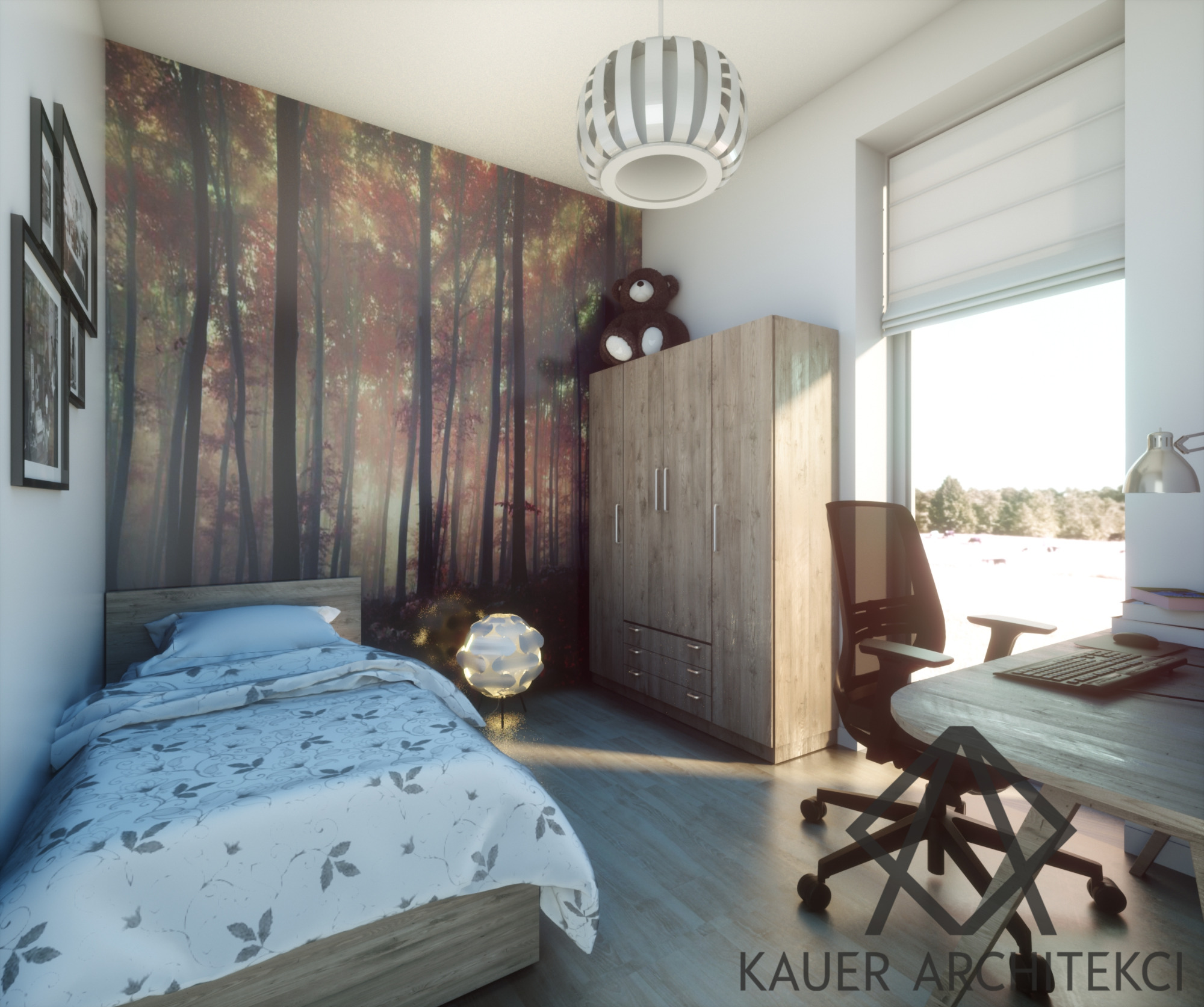 Wizualizacja pokoju dziecięcego z łóżkiem, biurkiem, szafą i tapetą z motywem leśnym; na szafie pluszowy miś, lampa kulista, jasne światło z okna.