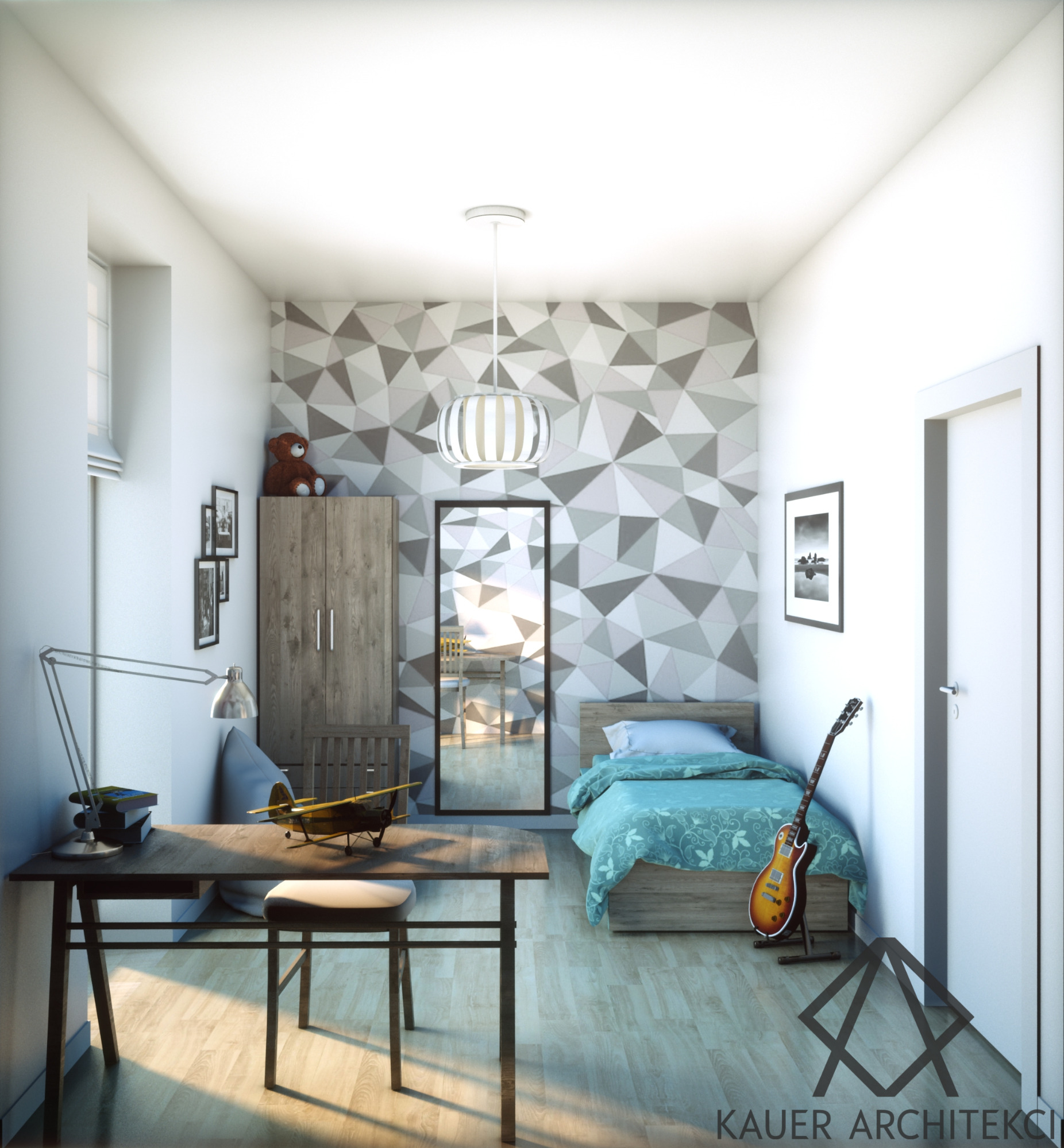 Wizualizacja pokoju młodzieżowego z łóżkiem, biurkiem, szafą i gitarą, ściana z geometrycznym wzorem, oświetlenie lampą wiszącą, model samolotu na biurku, logo architekta w prawym dolnym rogu.