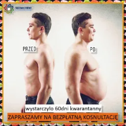 Mężczyzna przed i po zmianie sylwetki, widok z profilu, napis 'Przed' i 'Po', informacja o darmowej konsultacji, logo Akademii Zdrowia w lewym g&oacute;rnym rogu.