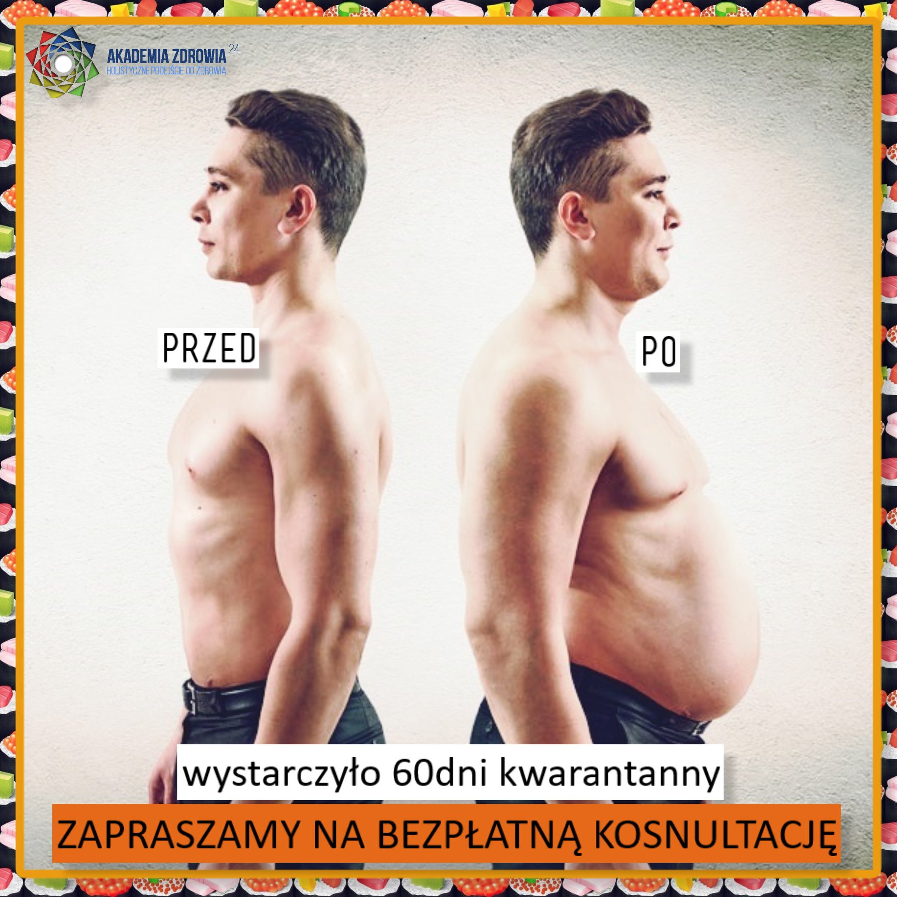 Mężczyzna przed i po zmianie sylwetki, widok z profilu, napis 'Przed' i 'Po', informacja o darmowej konsultacji, logo Akademii Zdrowia w lewym górnym rogu.