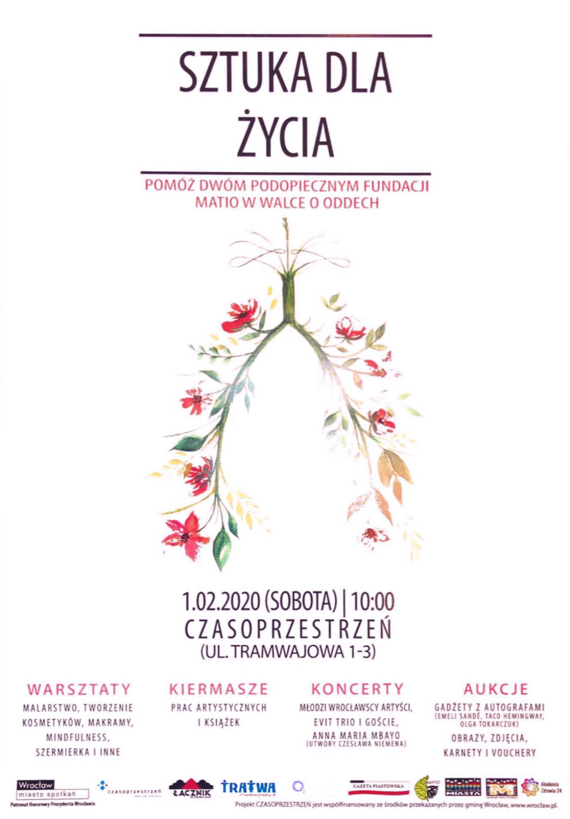 Plakat wydarzenia 'Sztuka dla życia' z ilustracją płuc w formie gałęzi z kwiatami, informujący o warsztatach, kiermaszach, koncertach i aukcjach.