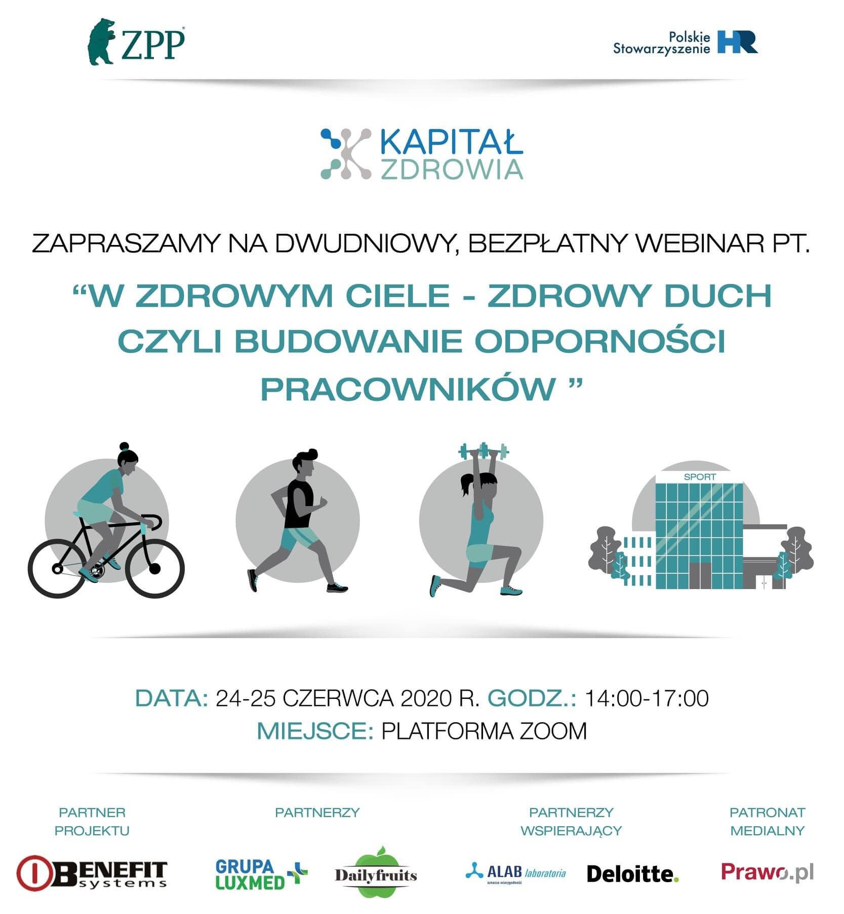 Grafika reklamowa webinaru 'W zdrowym ciele - zdrowy duch' z sylwetkami osób uprawiających sport: jazda na rowerze, bieganie, podnoszenie ciężarów, oraz budynek sportowy.