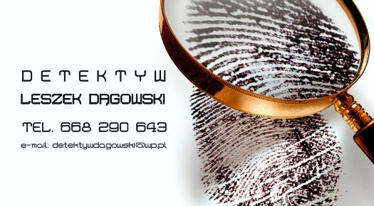 Wizytówka z odciskiem palca powiększanym przez lupę, nazwiskiem Leszek Drągowski, numerem telefonu i adresem e-mail.