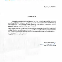 Skan dokumentu referencyjnego od Miejskiego Przedsiębiorstwa Komunikacyjnego w Legnicy, potwierdzającego wykonanie oględzin i pomiarów niwelacyjnych ławy pomiarowej przez firmę MIDURO w Okręgowej...