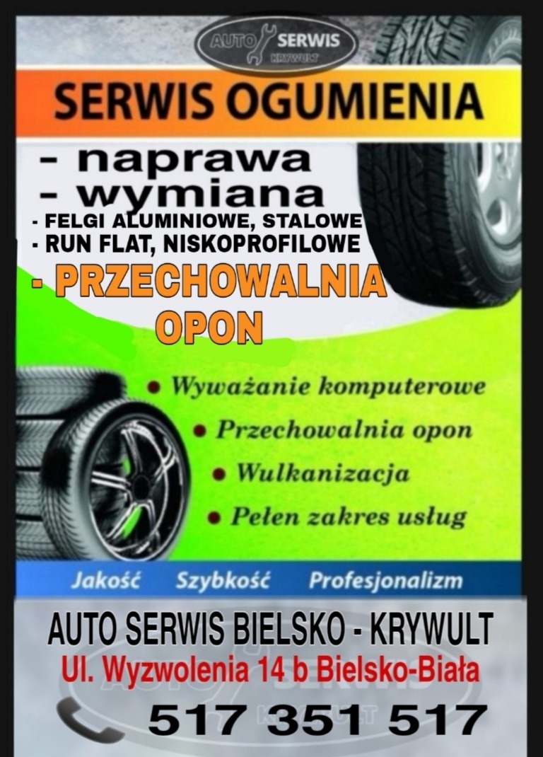 Reklama serwisu ogumienia w Bielsku-Białej, oferującego naprawę, wymianę, przechowywanie opon oraz wyważanie komputerowe i wulkanizację. Widoczne opony i felgi.