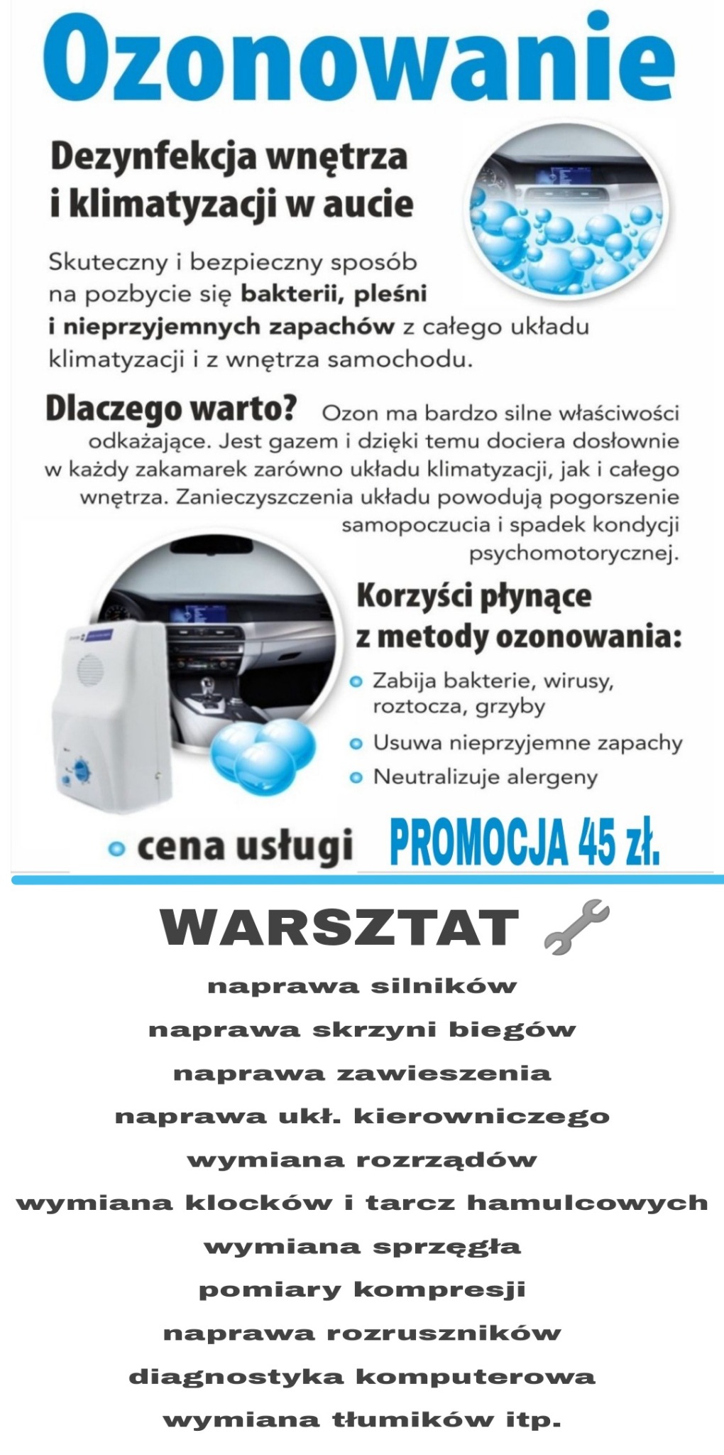 Grafika reklamowa usługi ozonowania wnętrza i klimatyzacji samochodu z informacją o korzyściach i cenie promocyjnej, obok lista usług warsztatowych.