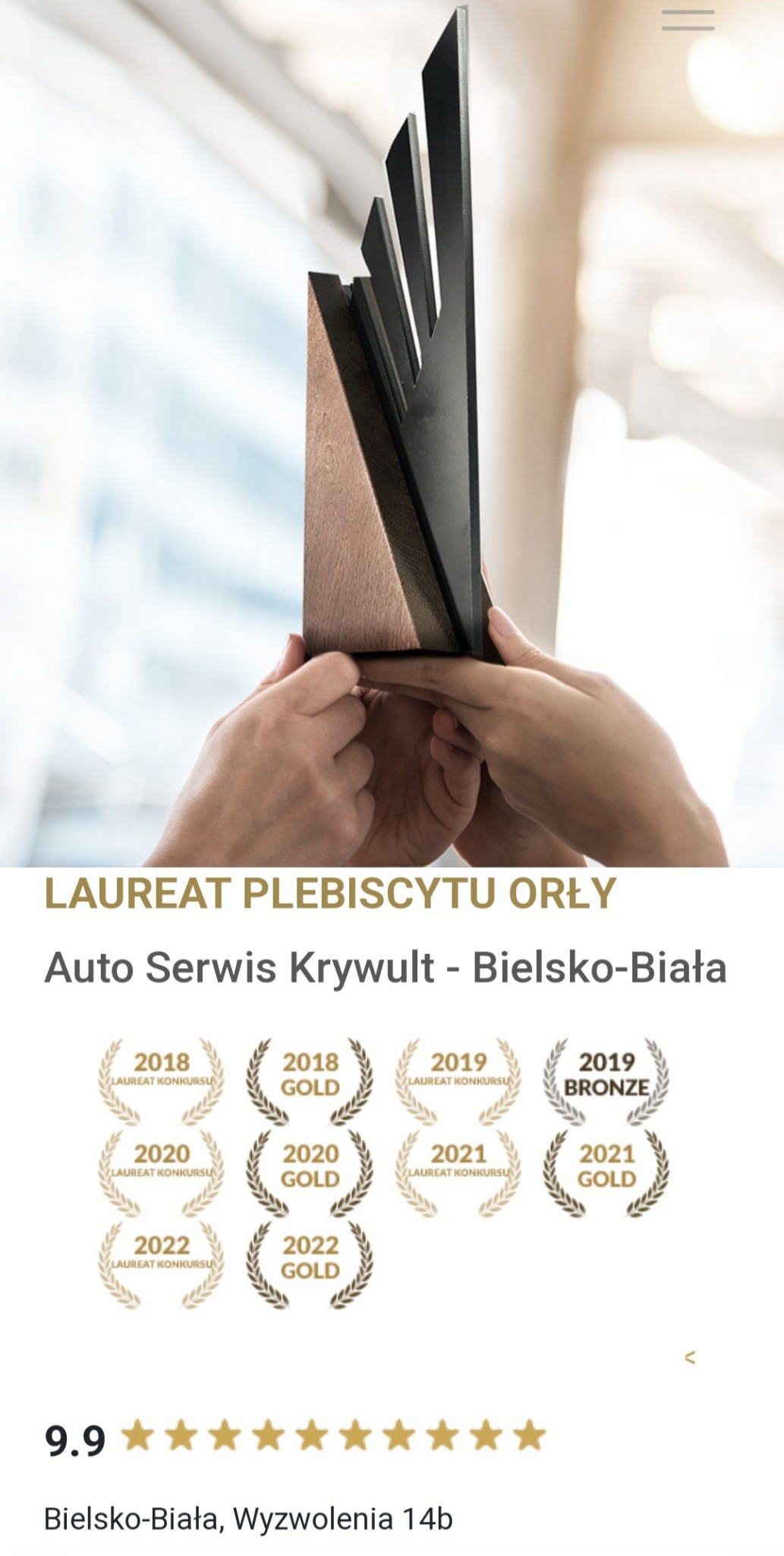 Wręczenie nagrody Auto Serwis Krywult - Bielsko-Biała, laureat plebiscytu Orły, z licznymi nagrodami z lat 2018-2022.