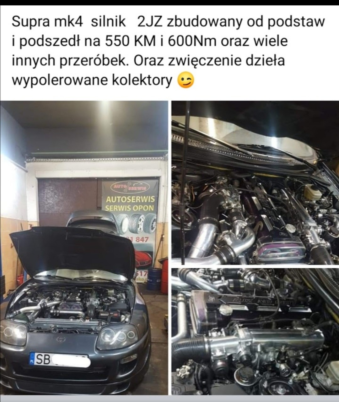 Szary samochód Supra MK4 z otwartą maską, prezentujący zmodyfikowany silnik 2JZ z wypolerowanymi kolektorami, widok z przodu pojazdu i zbliżenia na detale silnika po tuningu.