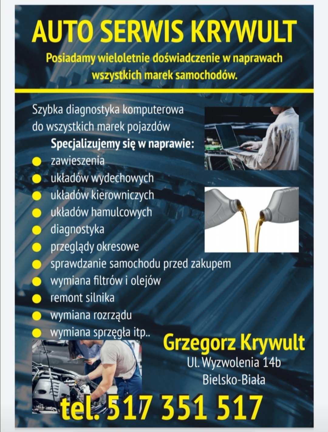Plakat reklamowy warsztatu samochodowego oferującego szeroki zakres usług, w tym diagnostykę komputerową, naprawę zawieszenia, układów wydechowych, kierowniczych, hamulcowych, przeglądy okresowe...
