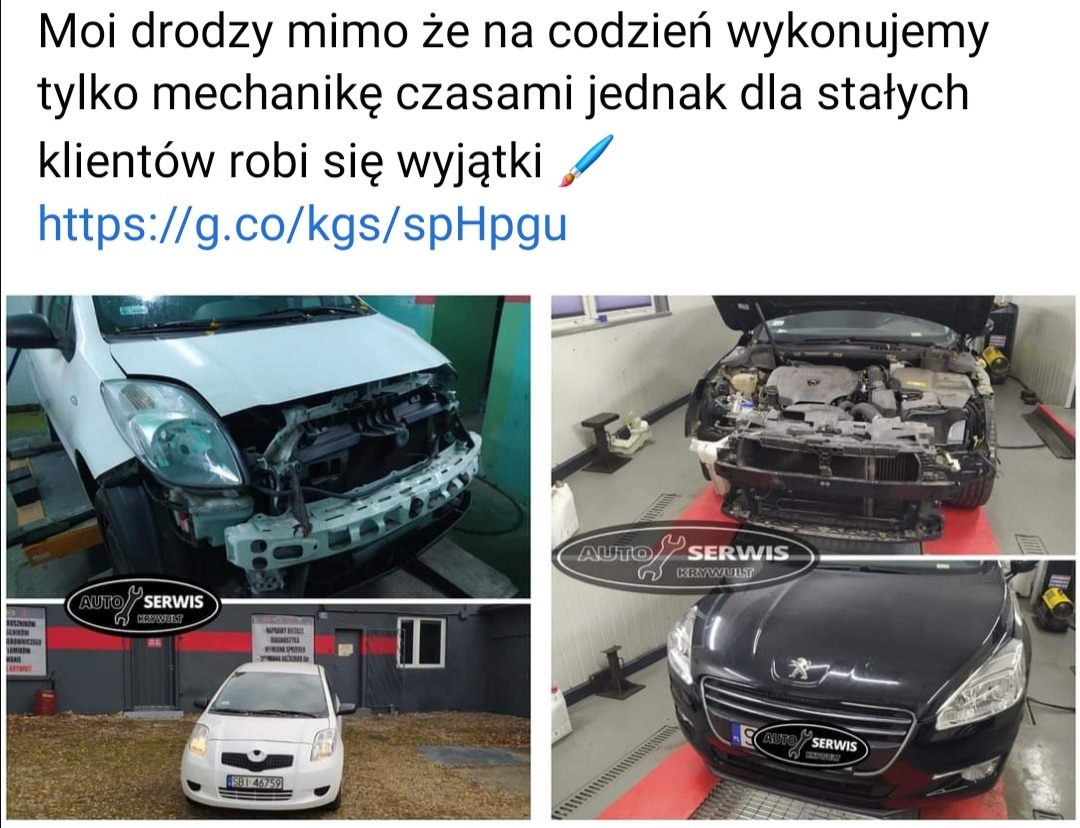 Kolaż zdjęć: Dwa samochody z uszkodzonym przodem, jeden biały Toyota Yaris na podnośniku, drugi czarny Peugeot 508 z otwartą maską, oraz zdjęcie tego samego białego Yarisa zaparkowanego przed...