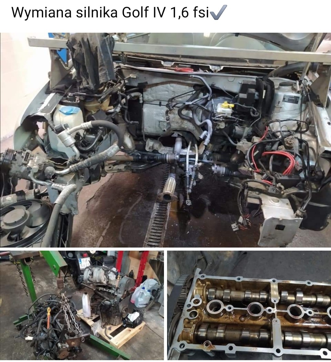 Wnętrze komory silnika samochodu Golf IV 1.6 fsi podczas wymiany silnika, z widocznymi elementami układu kierowniczego, przewodami i zawieszeniem, dodatkowo ujęcia silnika na wózku warsztatowym...