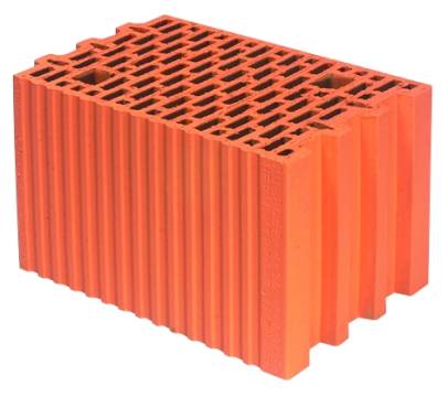 Pustak ceramiczny z licznymi otworami, widoczne ryflowanie na bocznej powierzchni, o pomarańczowo-czerwonym odcieniu, prezentowany na białym tle.