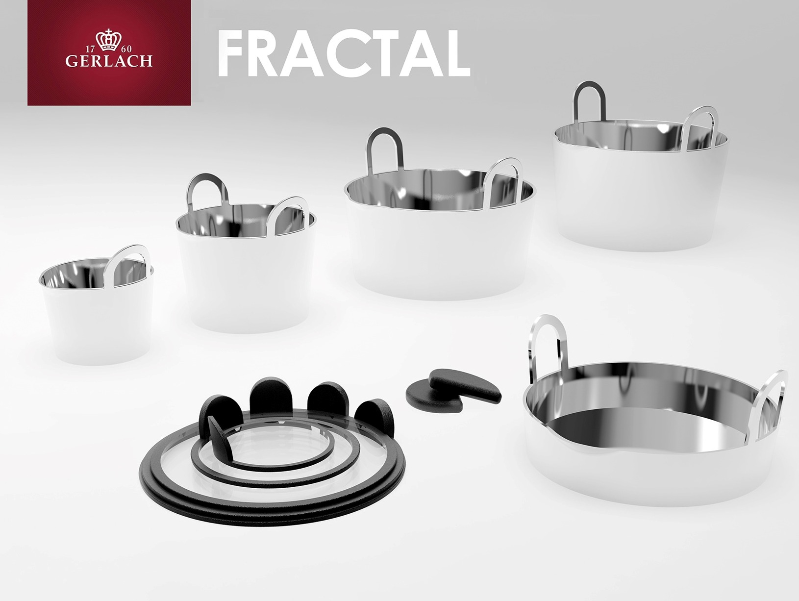 Wizualizacja 3D zestawu garnków Fractal marki Gerlach: rondle z uchwytami, szklana pokrywka z czarnymi wypustkami i czarne nakładki na uchwyty, na białym tle.