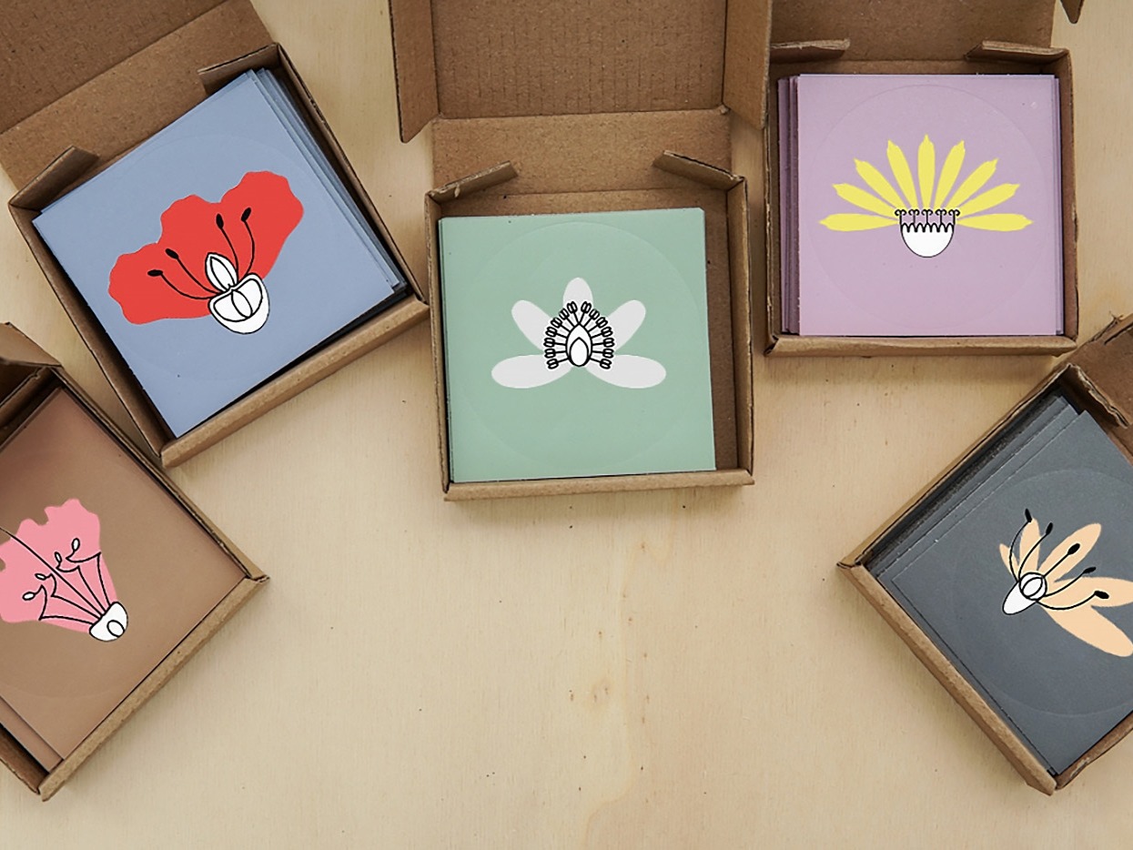 Zestaw kwadratowych kartoników z minimalistycznymi ilustracjami kwiatów w otwartych, tekturowych pudełkach na drewnianym tle.