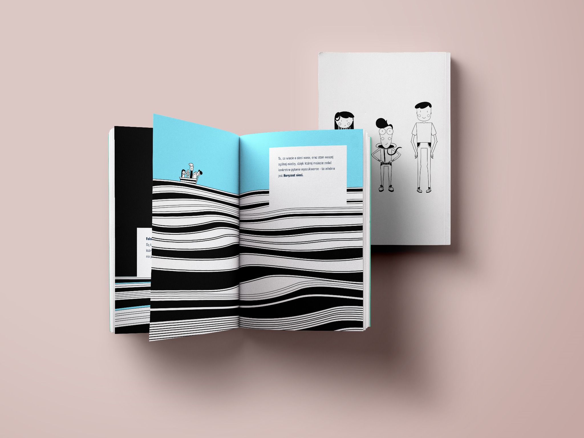 Ilustracja wektorowa w otwartej książce przedstawiająca ludzi w łódce na falach, obok zamknięta książka z czarno-białymi postaciami na okładce, całość na różowym tle.