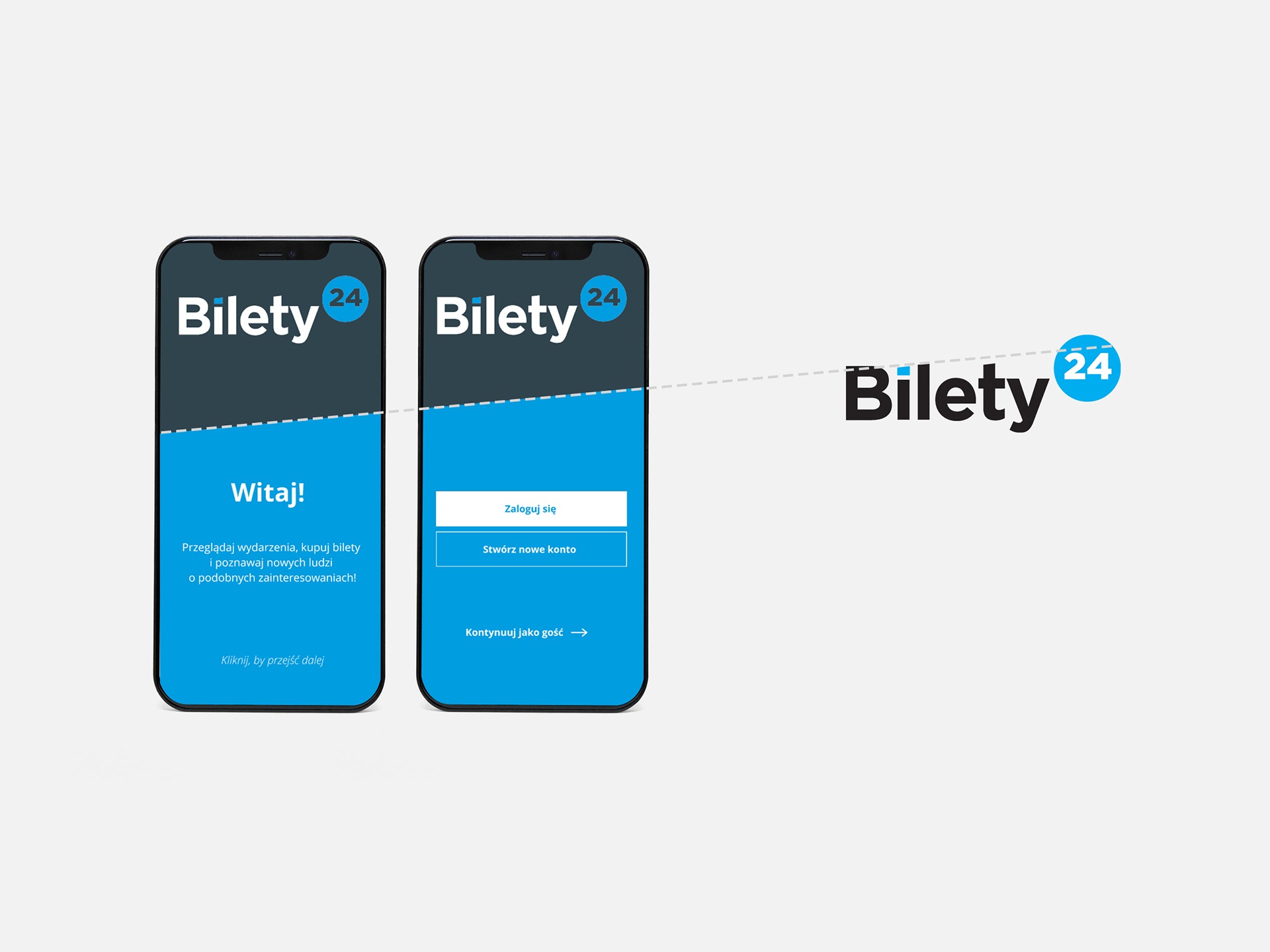 Ekrany dwóch smartfonów prezentujące interfejs aplikacji mobilnej do zakupu biletów, z logo 'Bilety24' w górnej części, na jasnym tle.