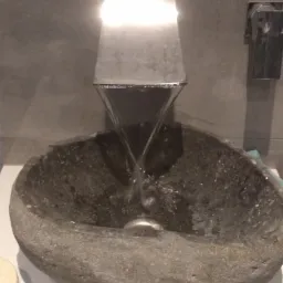 Kamienna umywalka o nieregularnym kształcie z wodą płynącą z metalowej wylewki, zamontowana na blacie, widoczny fragment baterii ściennej i szare płytki na ścianie.