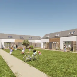 Wizualizacja szeregu nowoczesnych domów z płaskimi dachami i oknami dachowymi, z zielonym dziedzińcem, bawiącymi się dziećmi i rowerem w centralnej części, ukazana w pogodny dzień.