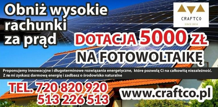 Reklama fotowoltaiki: Panele słoneczne na dachu domu z tekstem 'Obniż wysokie rachunki za prąd', 'Dotacja 5000 zł na fotowoltaikę' oraz danymi kontaktowymi firmy Craftco.