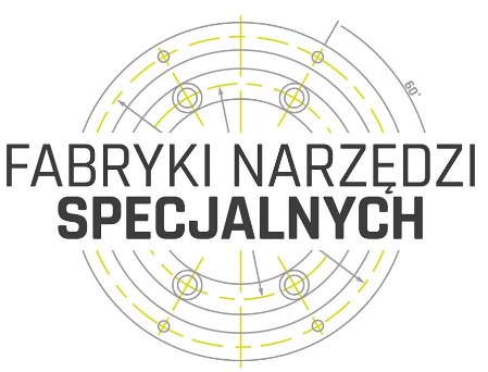 Logo firmy 'Fabryki Narzędzi Specjalnych' z graficznym tłem przedstawiającym schemat techniczny koła z zaznaczonymi wymiarami i kątem 60 stopni.