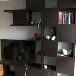 Ciemnobrązowy regał z otwartymi półkami, na których znajdują się książki, dekoracje i telewizor. Widoczne kable i przedłużacz na podłodze.