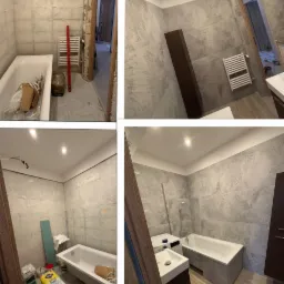 Kolaż prezentuje łazienkę przed i po remoncie. Widoczne etapy: surowe ściany, worki z zaprawą, oraz finalny efekt z nową armaturą, płytkami i szafkami.