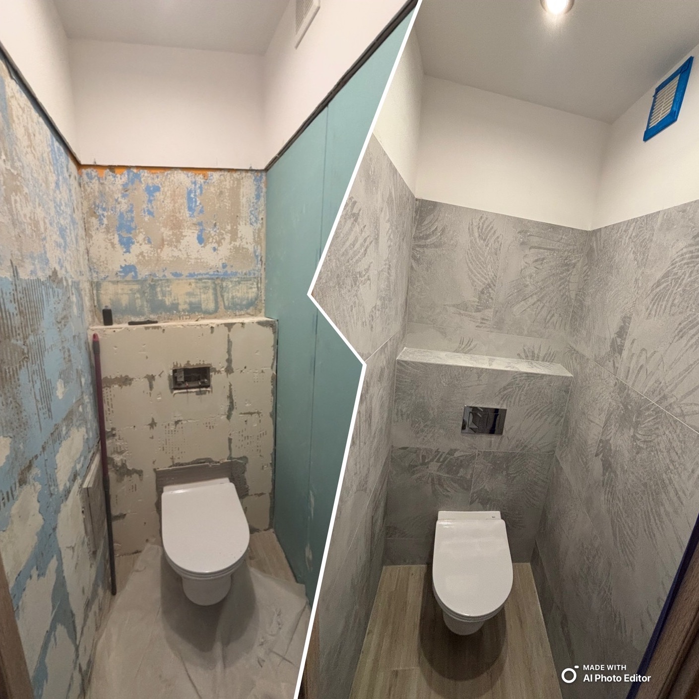 Remont toalety we Wrześni: zdjęcie 'przed' z surowymi ścianami i 'po' z szarymi płytkami w palmy. Widoczna zabudowa WC i drewnopodobna podłoga.