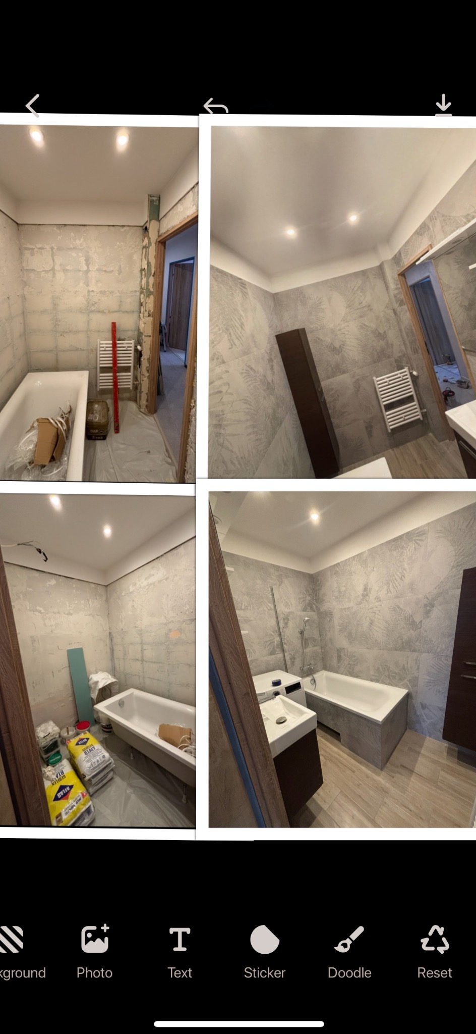 Kolaż prezentuje łazienkę przed i po remoncie. Widoczne etapy: surowe ściany, worki z zaprawą, oraz finalny efekt z nową armaturą, płytkami i szafkami.