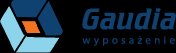 Logo firmy Gaudia wyposażenie, składające się z niebieskiego napisu i geometrycznego symbolu z sześcianów w odcieniach niebieskiego i pomarańczowego.