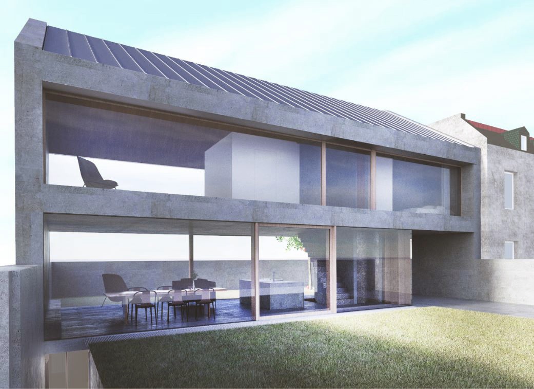 Wizualizacja dwukondygnacyjnego domu jednorodzinnego z betonu architektonicznego, z dużymi przeszkleniami, widoczną jadalnią i salonem, oraz panele słoneczne na dachu.