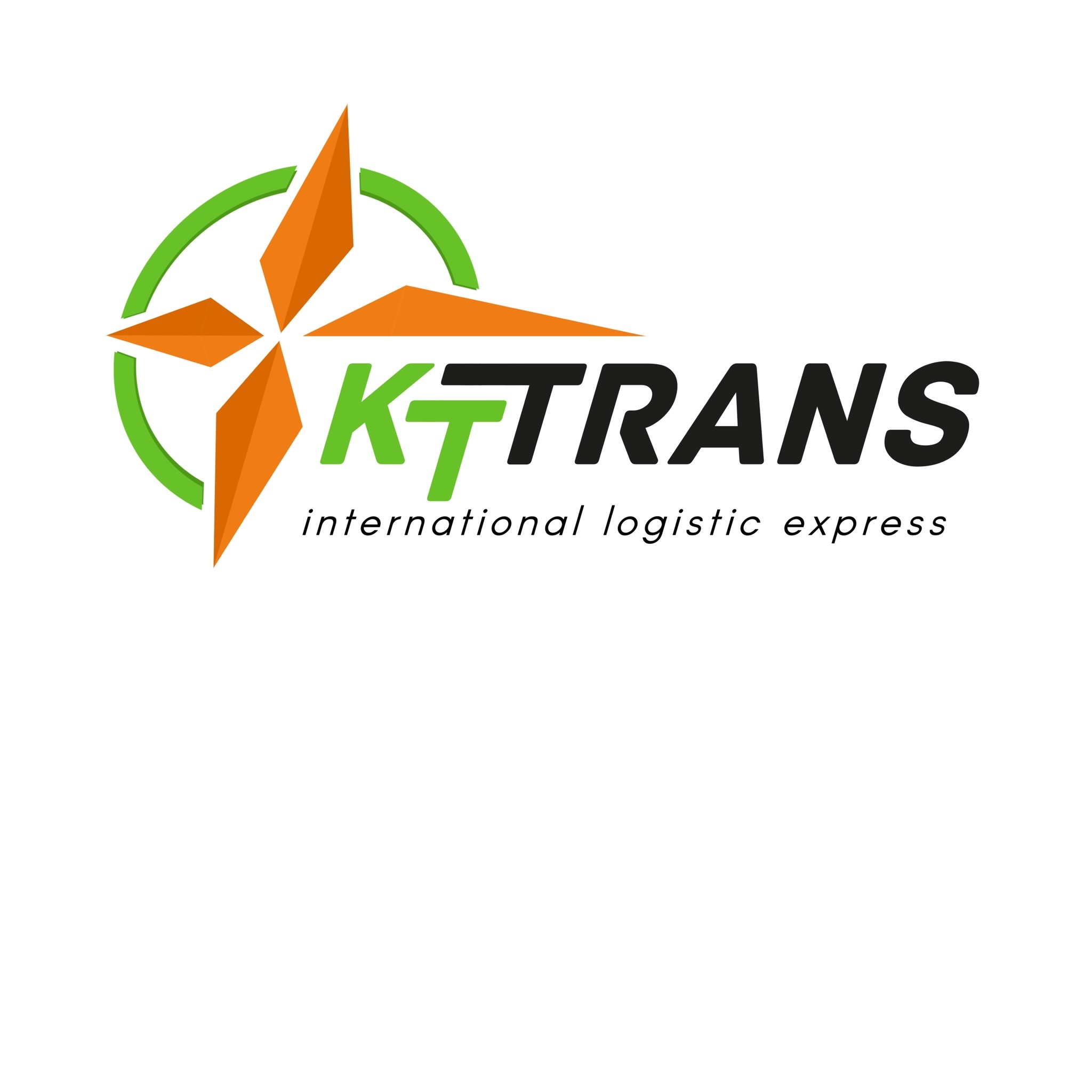 Logo firmy KTRANS z napisem 'international logistic express', zawierające zielony okrąg i pomarańczową gwiazdę.