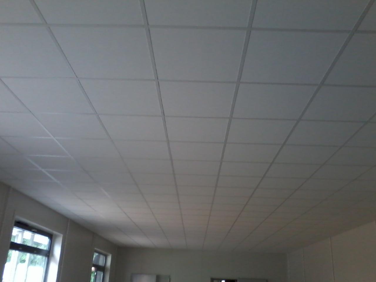 Sufit podwieszany kasetonowy w jasnym pomieszczeniu z oknami; widoczna regularna siatka profili i paneli, oświetlenie naturalne.
