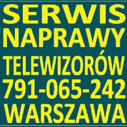 Żółty napis na zielonym tle: Serwis Naprawy Telewizorów, numer telefonu i Warszawa.
