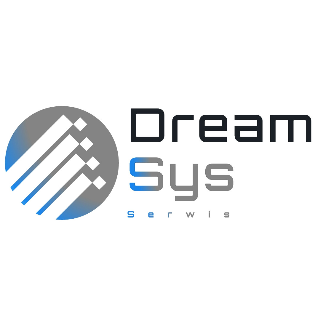 Logo firmy Dream Sys Serwis z graficznym symbolem w postaci niebiesko-szarego okręgu z białymi liniami, czarnym napisem Dream i niebiesko-szarym napisem Sys Serwis.