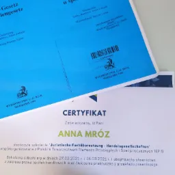 Certyfikat ukończenia szkolenia 'Juristische Fachübersetzung - Handelsgesellschaften' dla Anny Mróz, współorganizowanego z Polskim Towarzystwem Tłumaczy Przysięgłych i Specjalistycznych TEPIS...