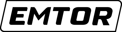 Czarne logo EMTOR w białej obwódce z zaokrąglonymi rogami.
