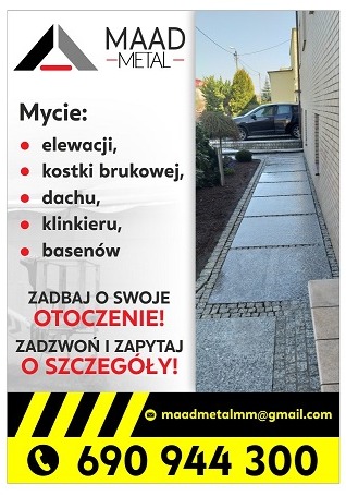 Reklama firmy Maad Metal oferującej mycie elewacji, kostki brukowej, dachu, klinkieru i basenów, z widocznym fragmentem wyczyszczonej kostki brukowej prowadzącej do domu.