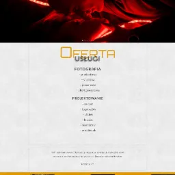Strona internetowa fotografa A&W Shutterstudio z ofertą usług fotograficznych i projektowych. Górna część prezentuje artystyczne zdjęcie pary w czerwonym oświetleniu LED, poniżej menu z ofertą...