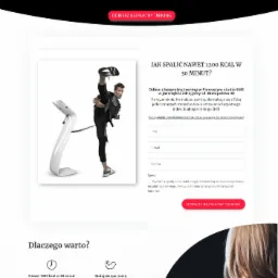 Strona internetowa studia EMS Energii prezentująca trening EMS z mężczyzną unoszącym nogę w górę, ubrany w specjalny strój do elektrostymulacji i podłączony do białego urządzenia.